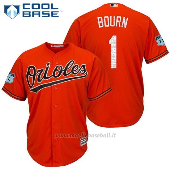 Maglia Baseball Uomo Baltimore Orioles 1 Michael Bourn Arancione 2017 Allenamento Primaverile Cool Base Giocatore